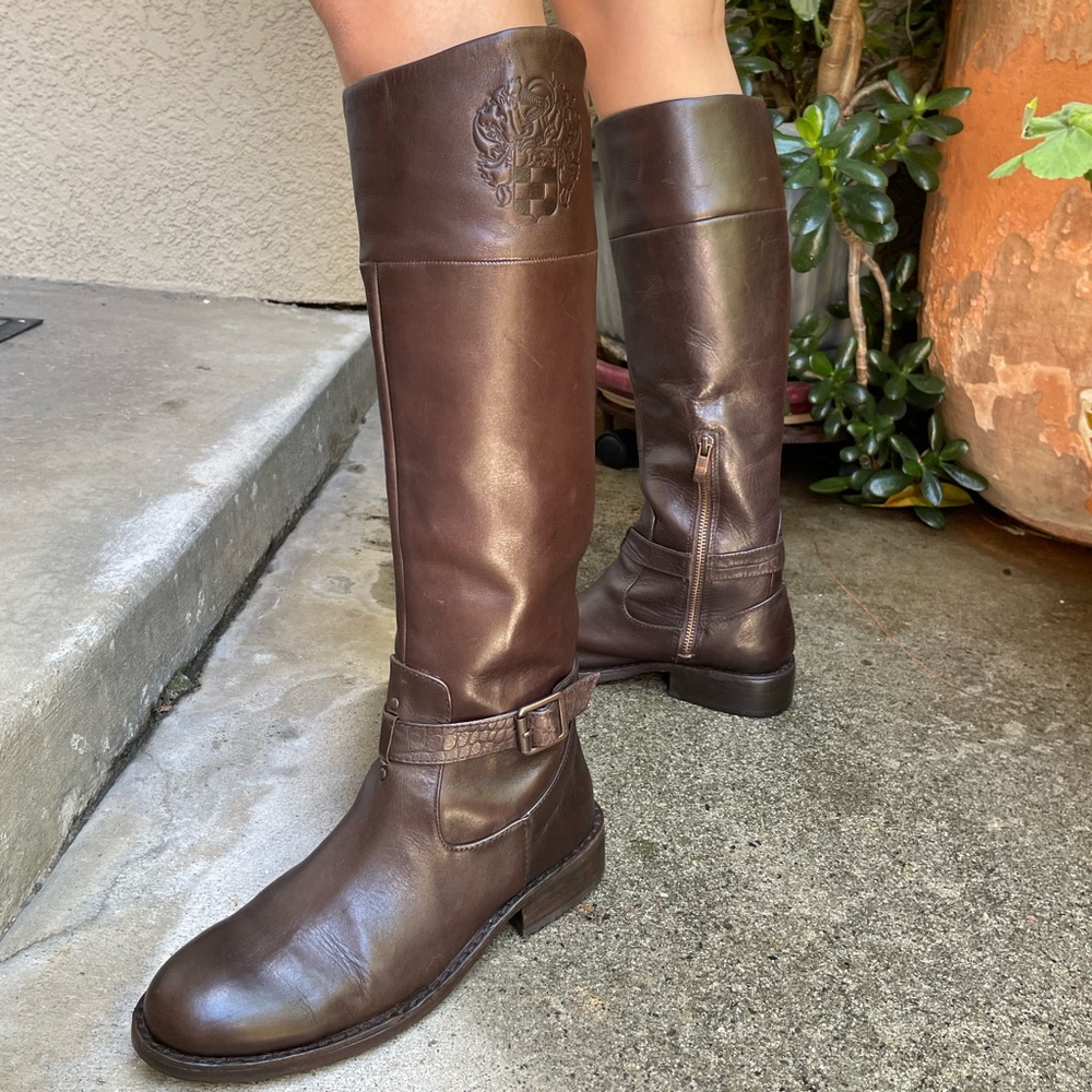 Dark brown Vince Camuto distressed leather riding boots
